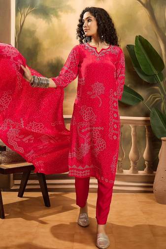 Women's pink & white bandhani printed kurta with trousers & dupatta