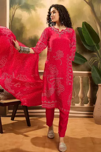 Women's pink & white bandhani printed kurta with trousers & dupatta