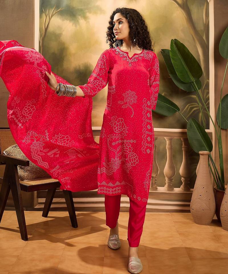 Women's pink & white bandhani printed kurta with trousers & dupatta