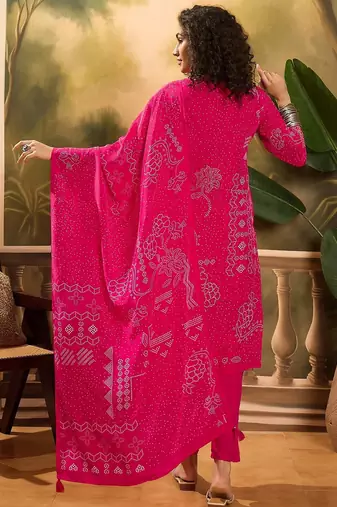 Women's magenta pink & white bandhani printed kurta with trousers & dupatta