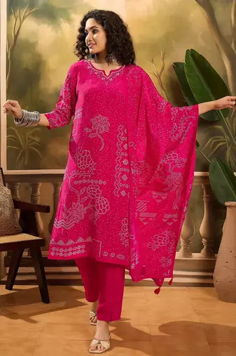 Women's magenta pink & white bandhani printed kurta with trousers & dupatta