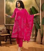 Women's magenta pink & white bandhani printed kurta with trousers & dupatta