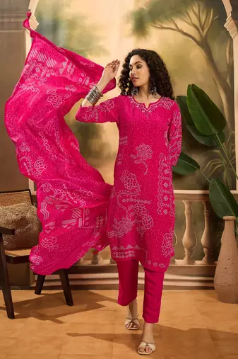 Women's magenta pink & white bandhani printed kurta with trousers & dupatta