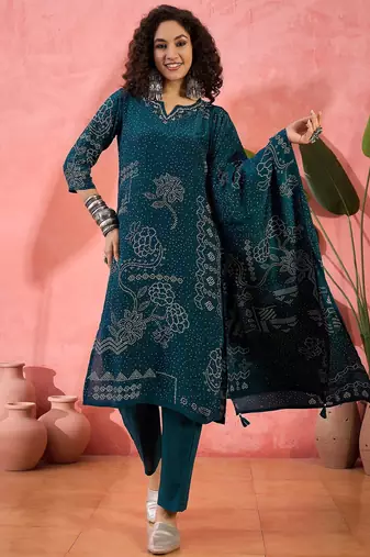 Women's bottle green floral printed kurta with trousers & dupatta