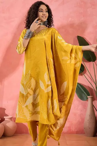 Women's yellow & cream floral printed kurta with trousers & dupatta