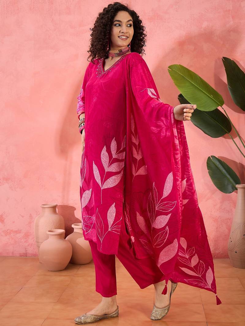 Women's magenta & cream floral printed kurta with trousers & dupatta