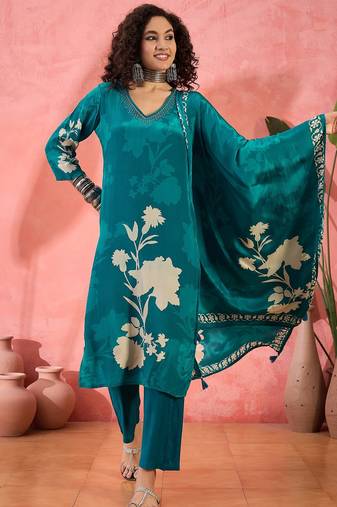 Women's teal blue & cream floral printed kurta with trousers & dupatta