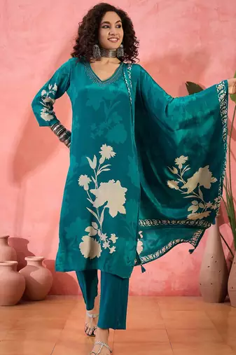 Women's teal blue & cream floral printed kurta with trousers & dupatta