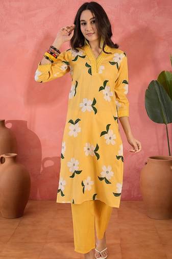 Women's yellow & white floral printed kurta with trousers & dupatta