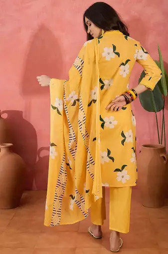 Women's yellow & white floral printed kurta with trousers & dupatta