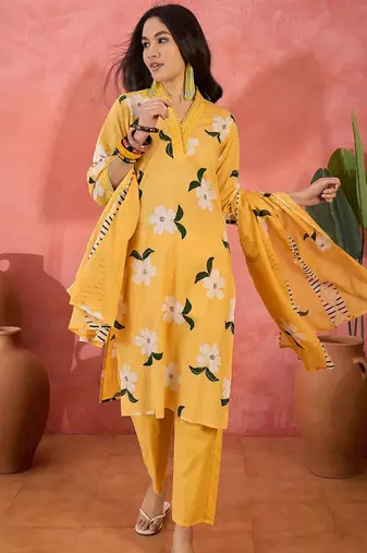 Women's yellow & white floral printed kurta with trousers & dupatta