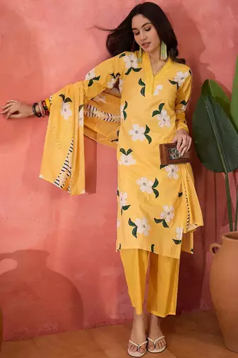 Women's yellow & white floral printed kurta with trousers & dupatta