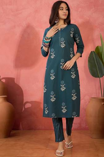 Women's teal blue & white floral printed kurta with trousers & dupatta
