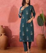 Women's teal blue & white floral printed kurta with trousers & dupatta