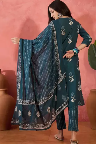 Women's teal blue & white floral printed kurta with trousers & dupatta