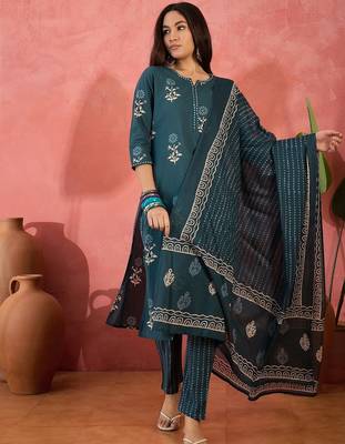 Women's teal blue & white floral printed kurta with trousers & dupatta 4