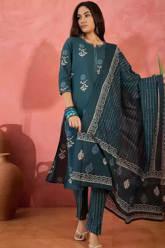 Women's teal blue & white floral printed kurta with trousers & dupatta
