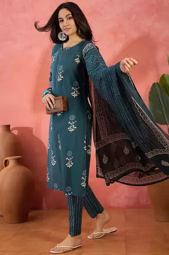 Women's teal blue & white floral printed kurta with trousers & dupatta