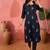 Women's navy blue & white floral printed kurta with trousers & dupatta
