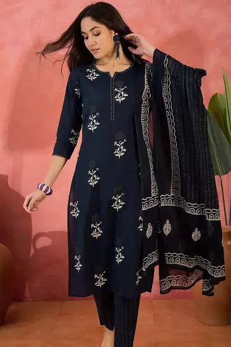 Women's navy blue & white floral printed kurta with trousers & dupatta