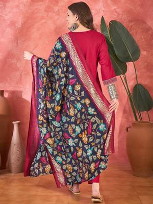 Women's rani pink v-neck embroidered kurta with trousers & dupatta 3