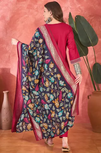 Women's rani pink v-neck embroidered kurta with trousers & dupatta