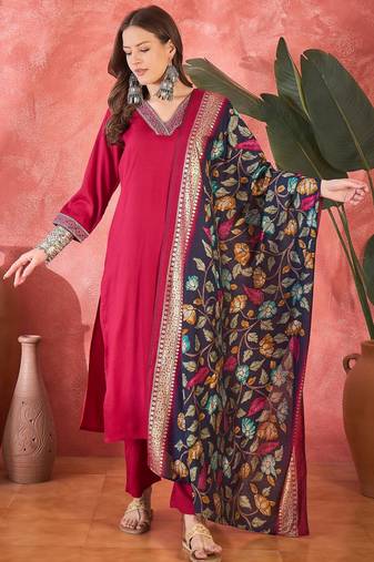 Women's rani pink v-neck embroidered kurta with trousers & dupatta