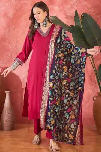 Women's rani pink v-neck embroidered kurta with trousers & dupatta