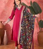 Women's rani pink v-neck embroidered kurta with trousers & dupatta