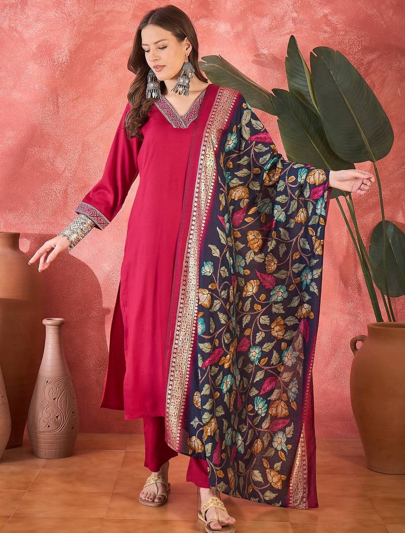 Women's rani pink v-neck embroidered kurta with trousers & dupatta