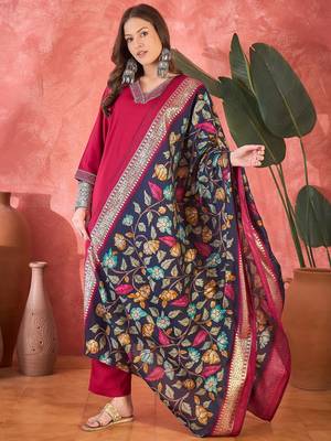 Women's rani pink v-neck embroidered kurta with trousers & dupatta 4