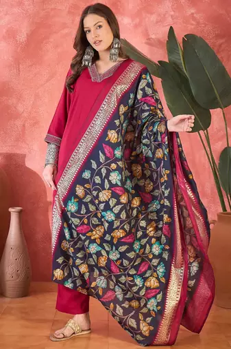 Women's rani pink v-neck embroidered kurta with trousers & dupatta