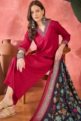 Women's rani pink v-neck embroidered kurta with trousers & dupatta