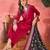 Women's rani pink v-neck embroidered kurta with trousers & dupatta
