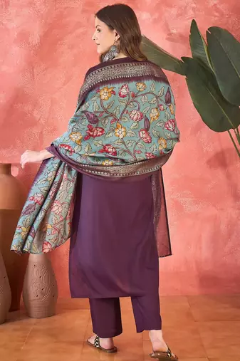Women's wine pink v-neck embroidered kurta with trousers & dupatta