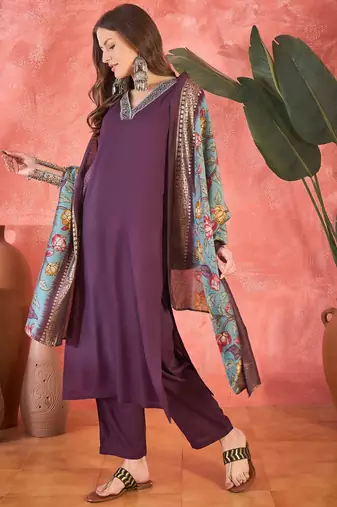 Women's wine pink v-neck embroidered kurta with trousers & dupatta