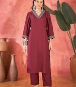 Women's maroon v-neck embroidered kurta with trousers & dupatta