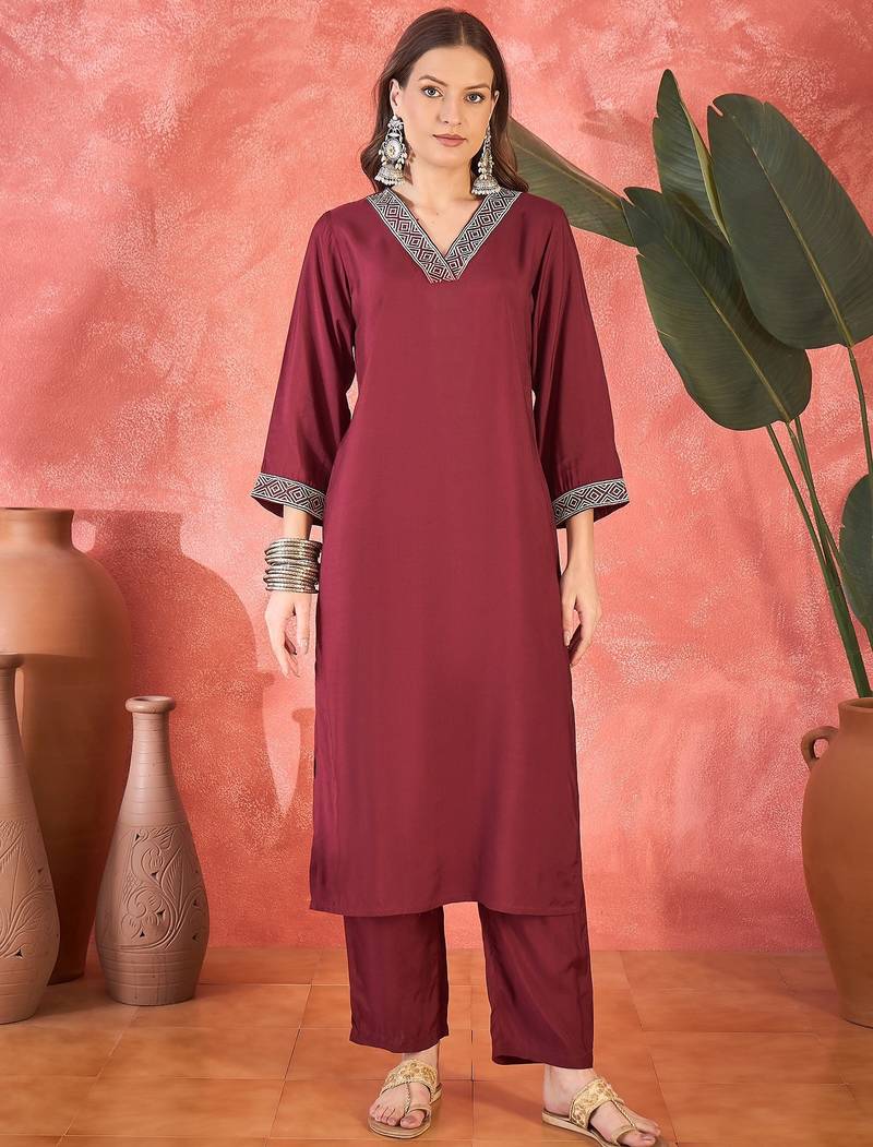 Women's maroon v-neck embroidered kurta with trousers & dupatta