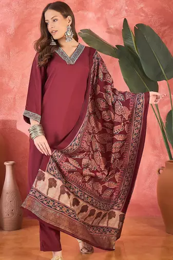 Women's maroon v-neck embroidered kurta with trousers & dupatta