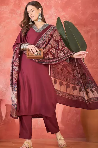 Women's maroon v-neck embroidered kurta with trousers & dupatta