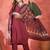 Women's maroon v-neck embroidered kurta with trousers & dupatta