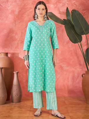 Women's sky blue & whitev-neck embroidered printed kurta with trousers & dupatta 1