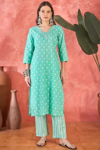 Women's sky blue & whitev-neck embroidered printed kurta with trousers & dupatta