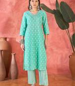 Women's sky blue & whitev-neck embroidered printed kurta with trousers & dupatta