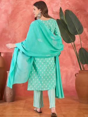 Women's sky blue & whitev-neck embroidered printed kurta with trousers & dupatta 3