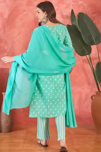 Women's sky blue & whitev-neck embroidered printed kurta with trousers & dupatta