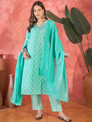 Women's sky blue & whitev-neck embroidered printed kurta with trousers & dupatta 4
