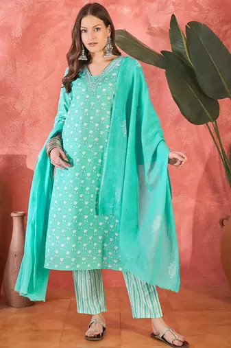 Women's sky blue & whitev-neck embroidered printed kurta with trousers & dupatta