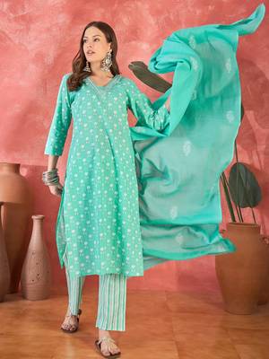Women's sky blue & whitev-neck embroidered printed kurta with trousers & dupatta 5