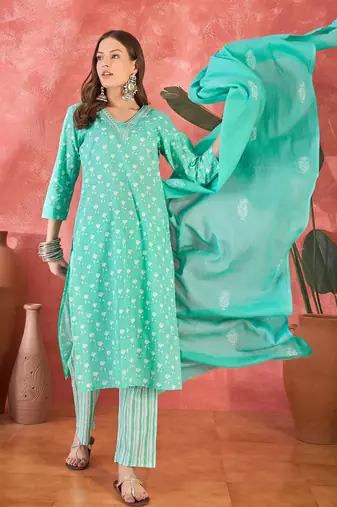 Women's sky blue & whitev-neck embroidered printed kurta with trousers & dupatta